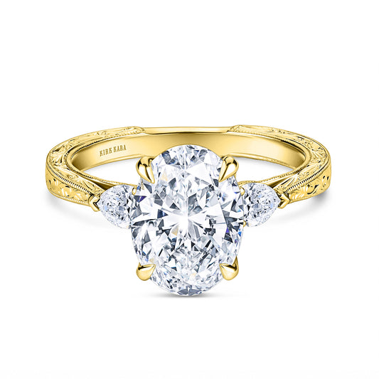 Three Stone Diamond Pear Engraved Engagement Ring