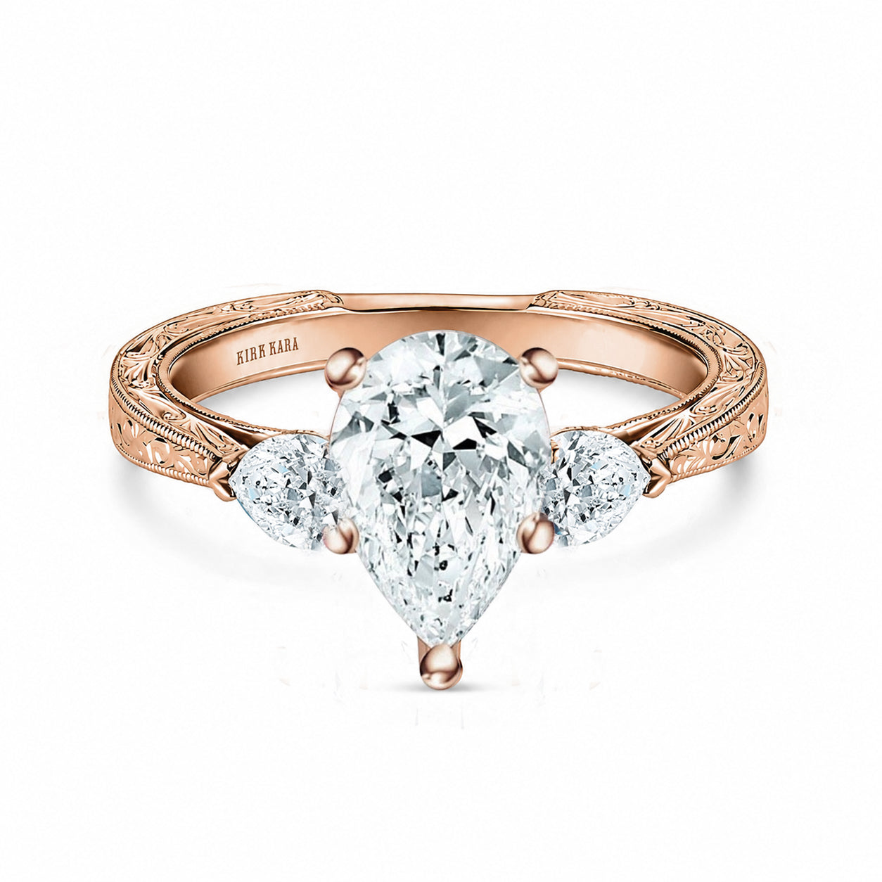 Three Stone Diamond Pear Engraved Engagement Ring