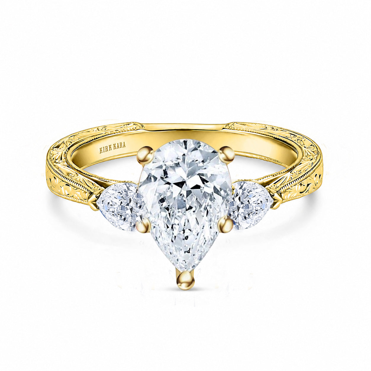 Three Stone Diamond Pear Engraved Engagement Ring
