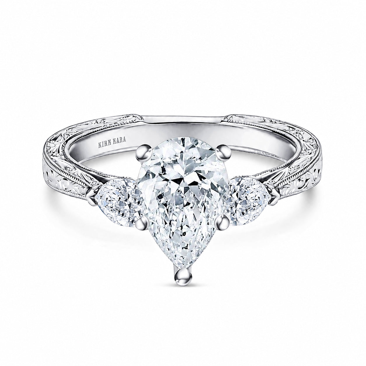 Three Stone Diamond Pear Engraved Engagement Ring