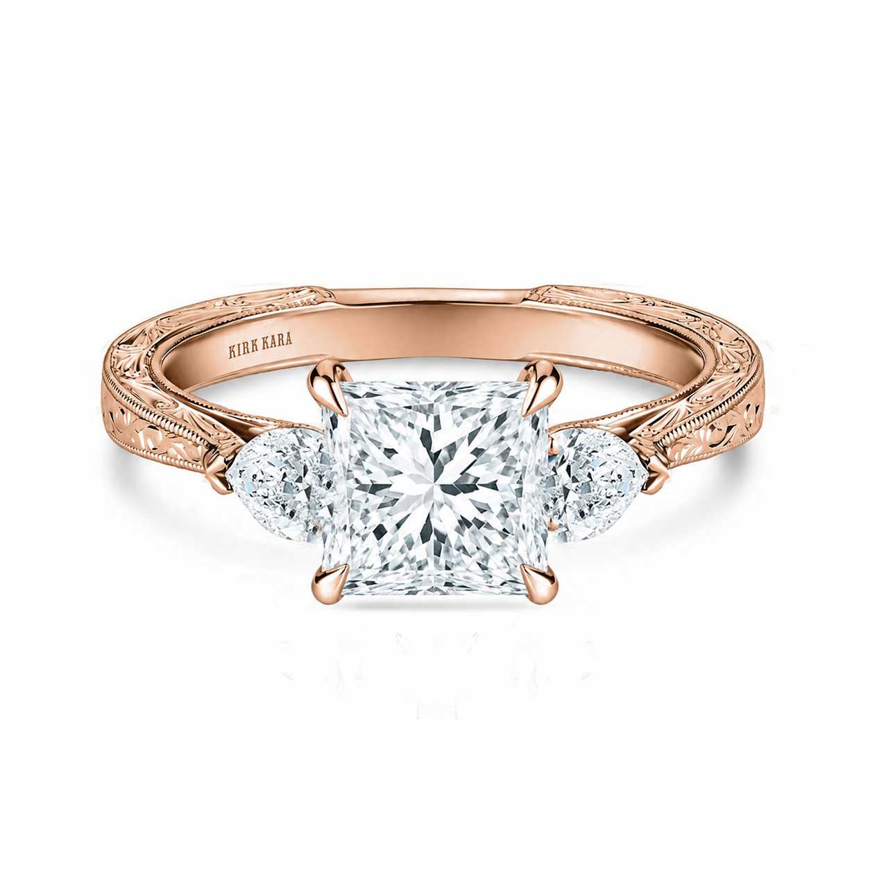 Three Stone Diamond Pear Engraved Engagement Ring