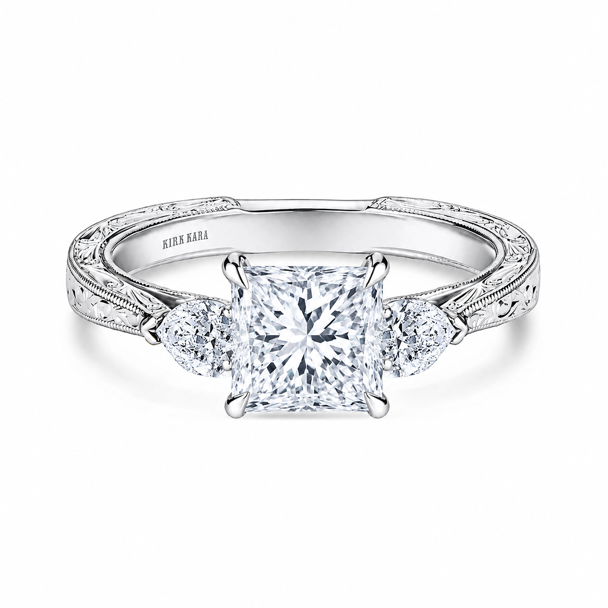Three Stone Diamond Pear Engraved Engagement Ring