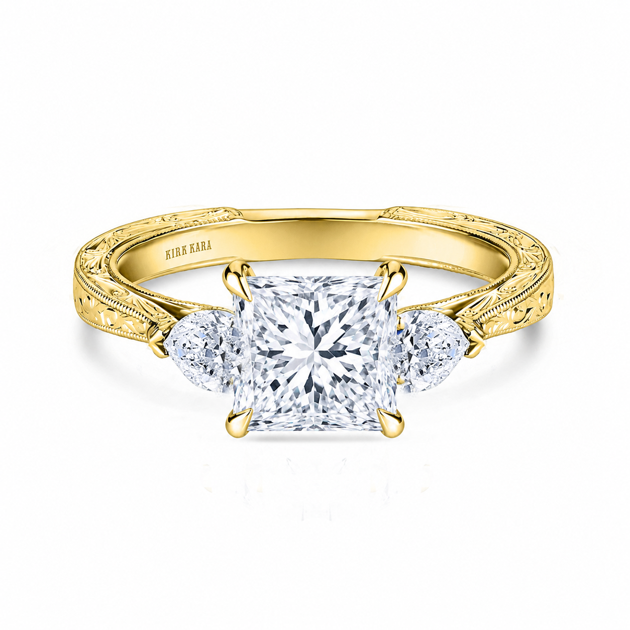 Three Stone Diamond Pear Engraved Engagement Ring