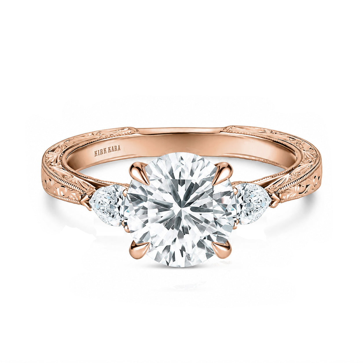 Three Stone Diamond Pear Engraved Engagement Ring