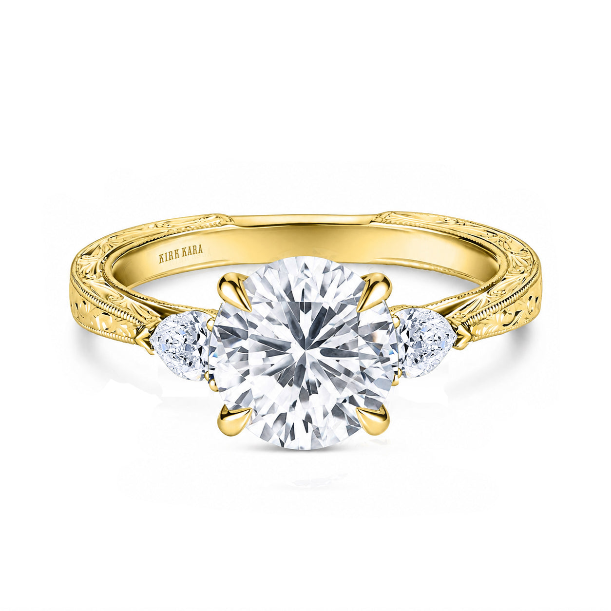 Three Stone Diamond Pear Engraved Engagement Ring