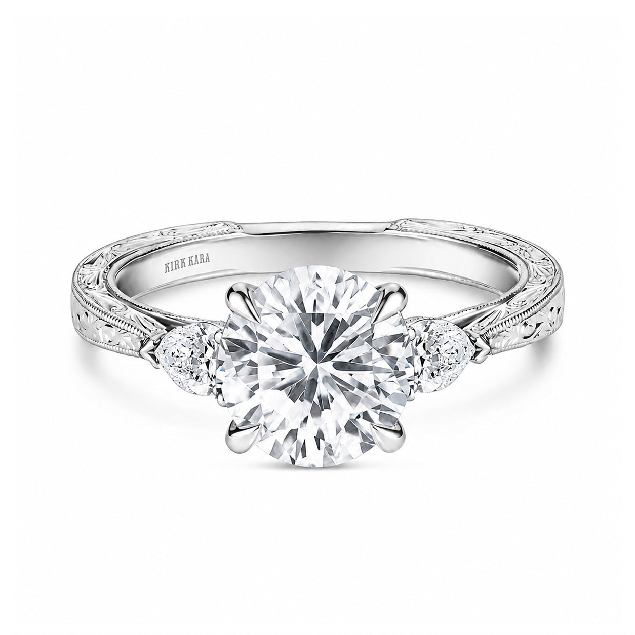 Three Stone Diamond Pear Engraved Engagement Ring