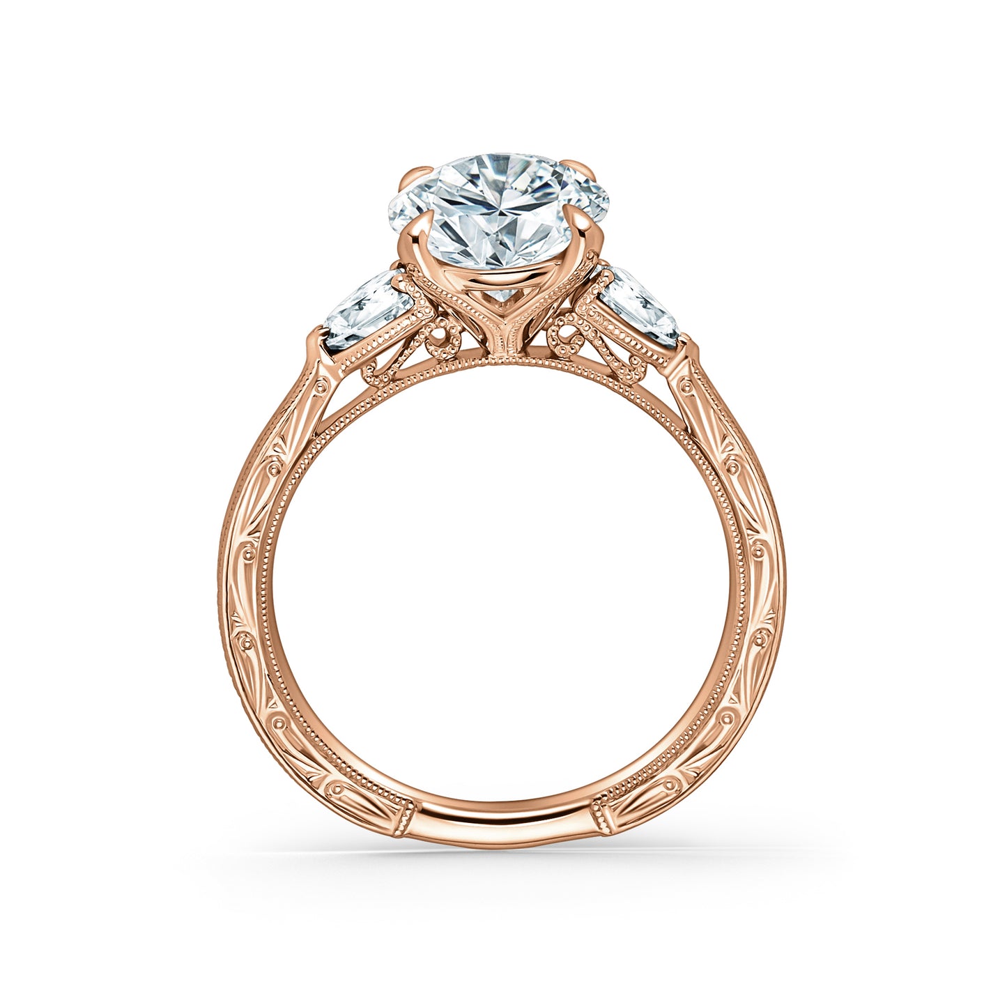 Three Stone Diamond Pear Engraved Engagement Ring