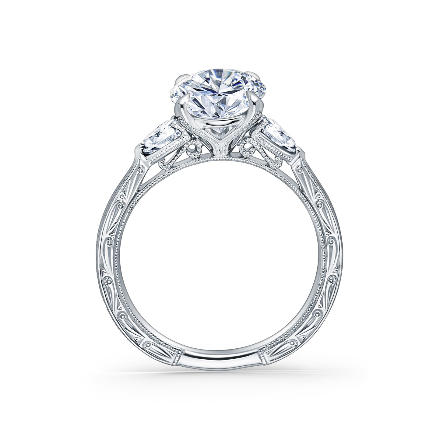 Three Stone Diamond Pear Engraved Engagement Ring
