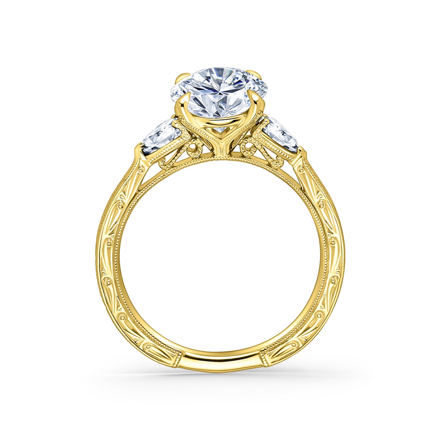 Three Stone Diamond Pear Engraved Engagement Ring
