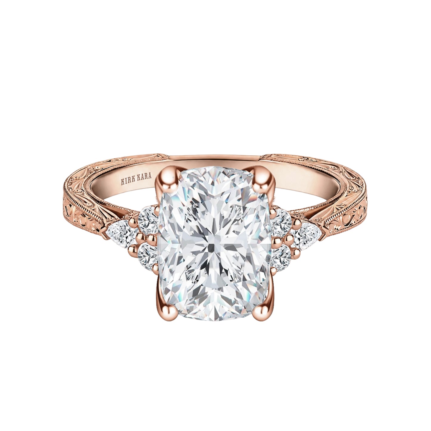 Pear Round Side Stone Engraved Diamond Engagement Ring