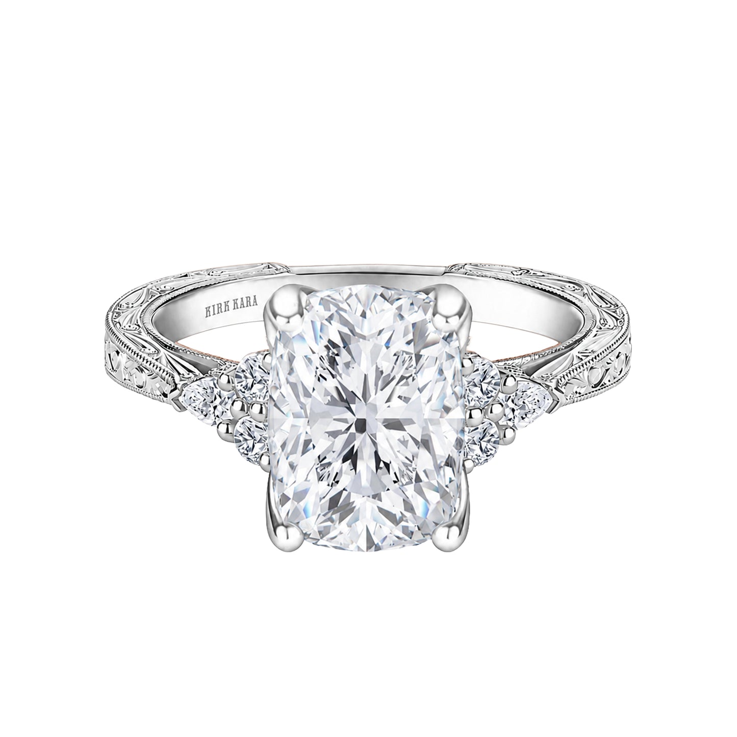 Pear Round Side Stone Engraved Diamond Engagement Ring