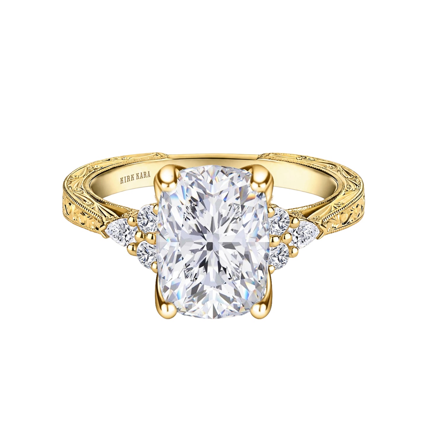 Pear Round Side Stone Engraved Diamond Engagement Ring