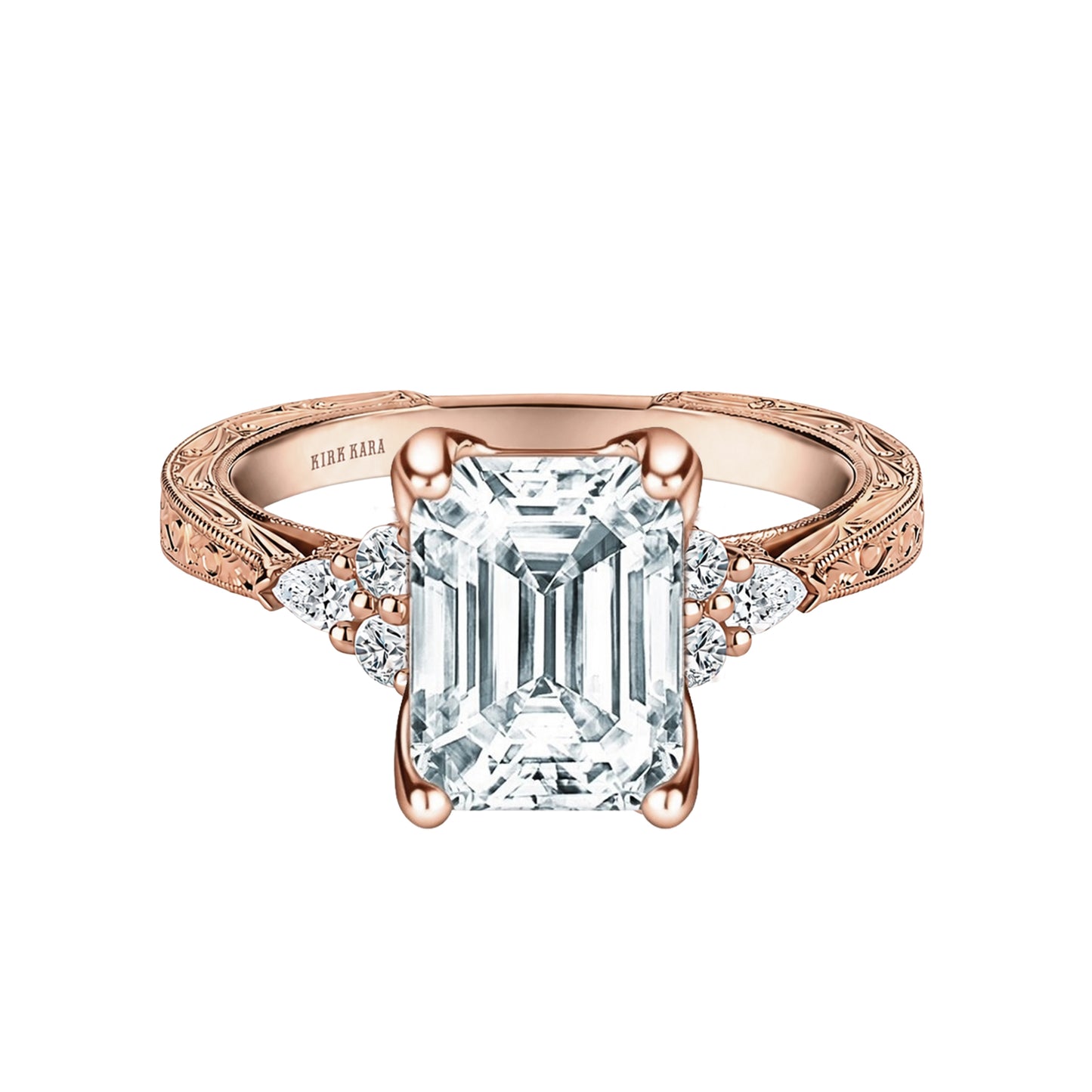 Pear Round Side Stone Engraved Diamond Engagement Ring
