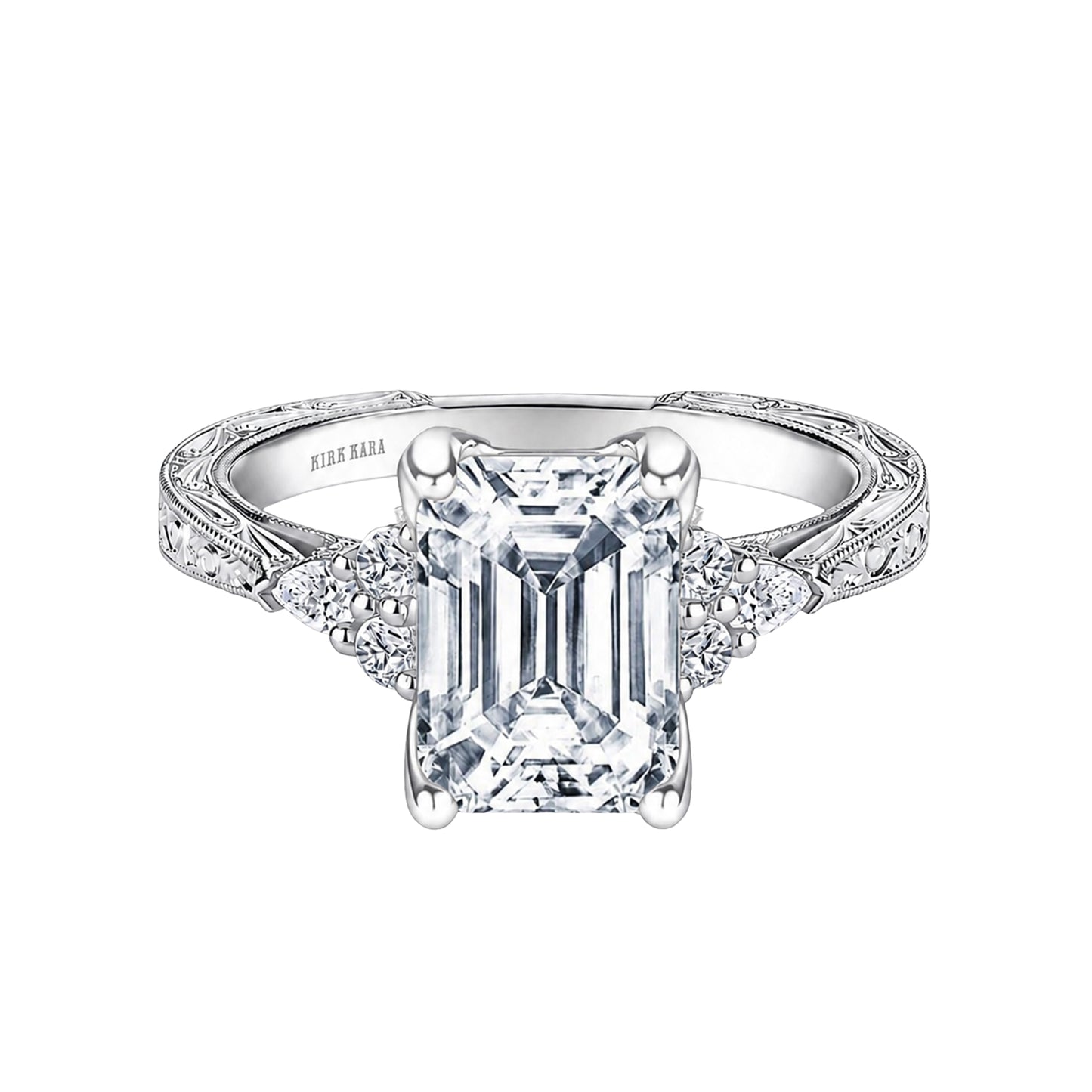 Pear Round Side Stone Engraved Diamond Engagement Ring