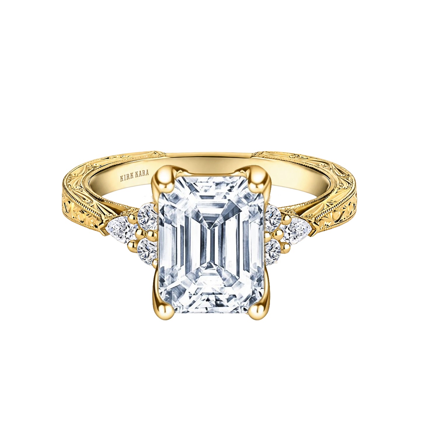 Pear Round Side Stone Engraved Diamond Engagement Ring