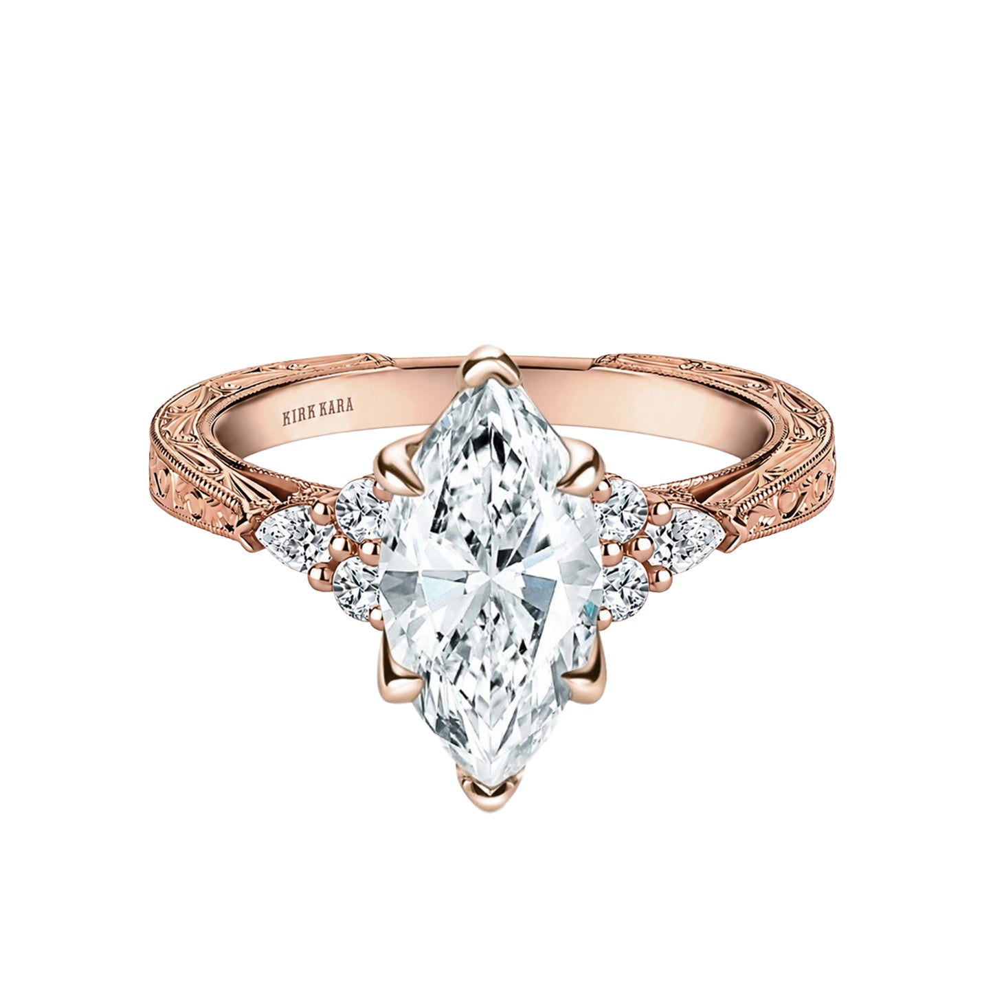 Pear Round Side Stone Engraved Diamond Engagement Ring