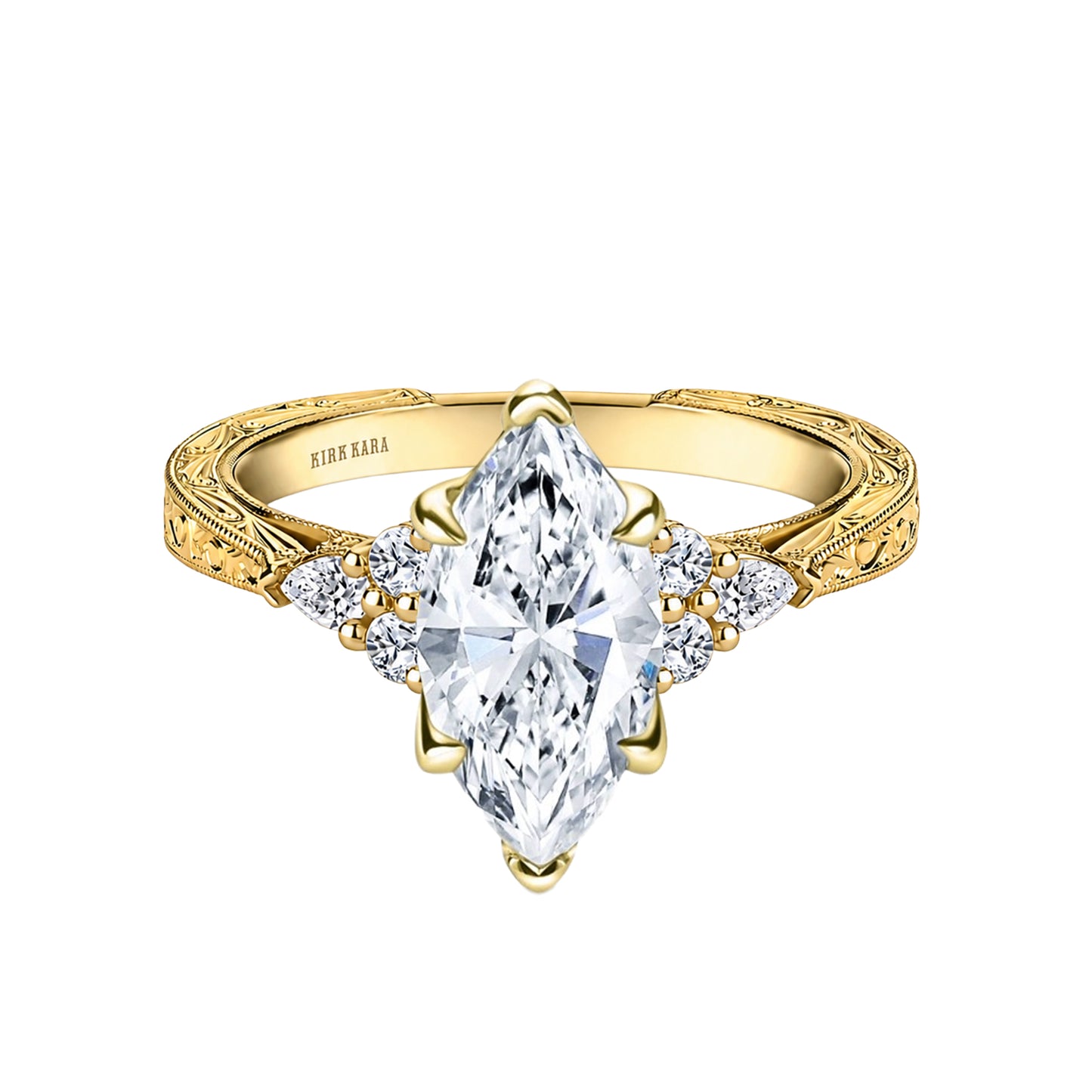 Pear Round Side Stone Engraved Diamond Engagement Ring