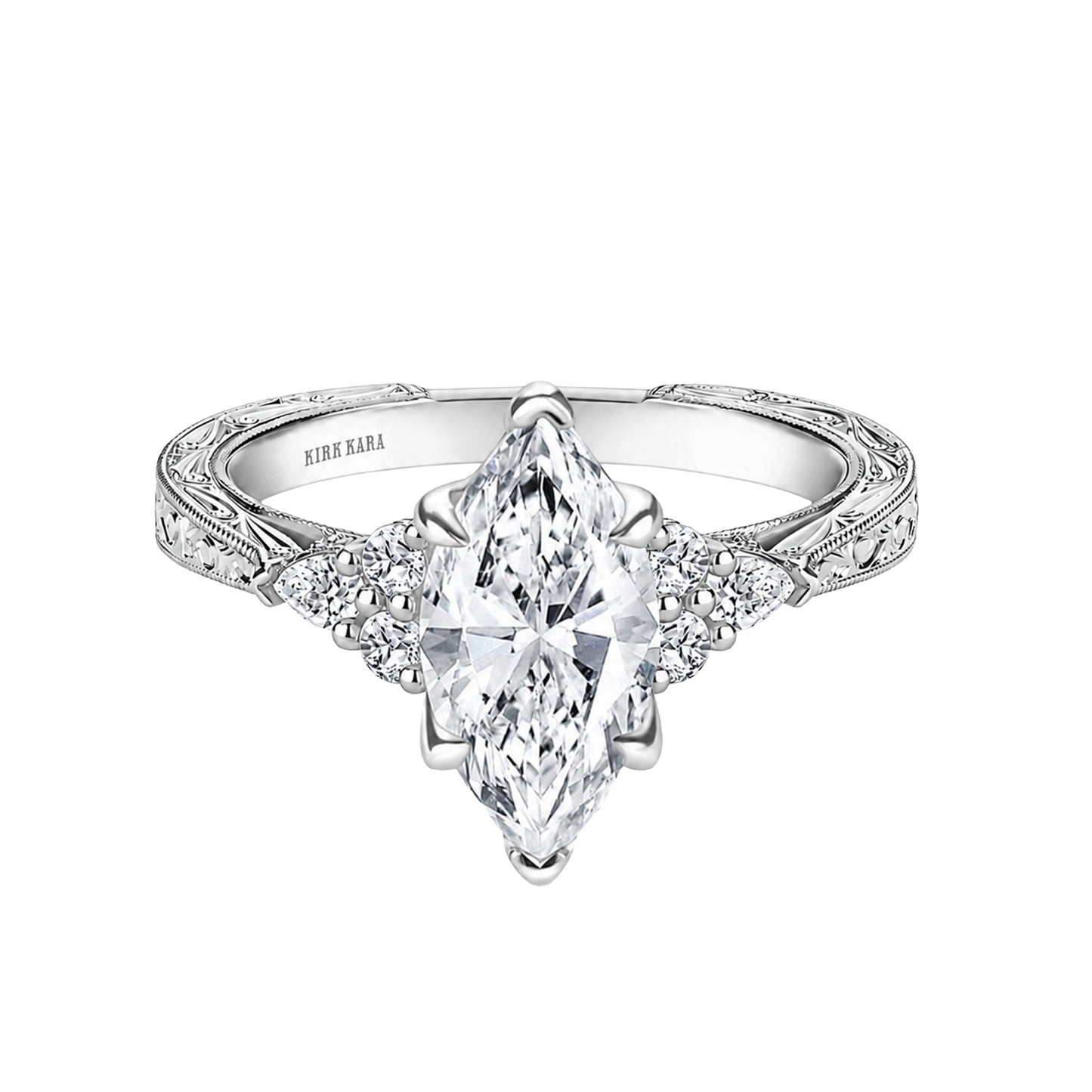 Pear Round Side Stone Engraved Diamond Engagement Ring