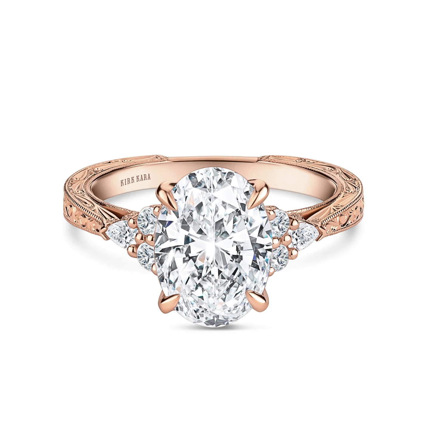 Pear Round Side Stone Engraved Diamond Engagement Ring