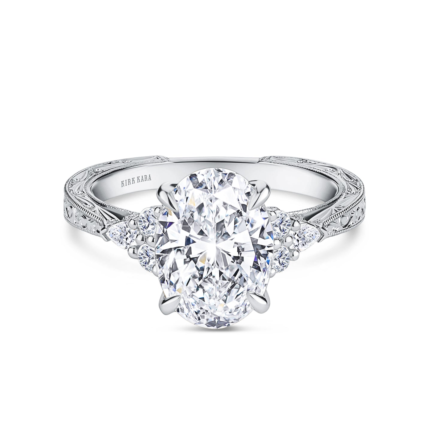 Pear Round Side Stone Engraved Diamond Engagement Ring
