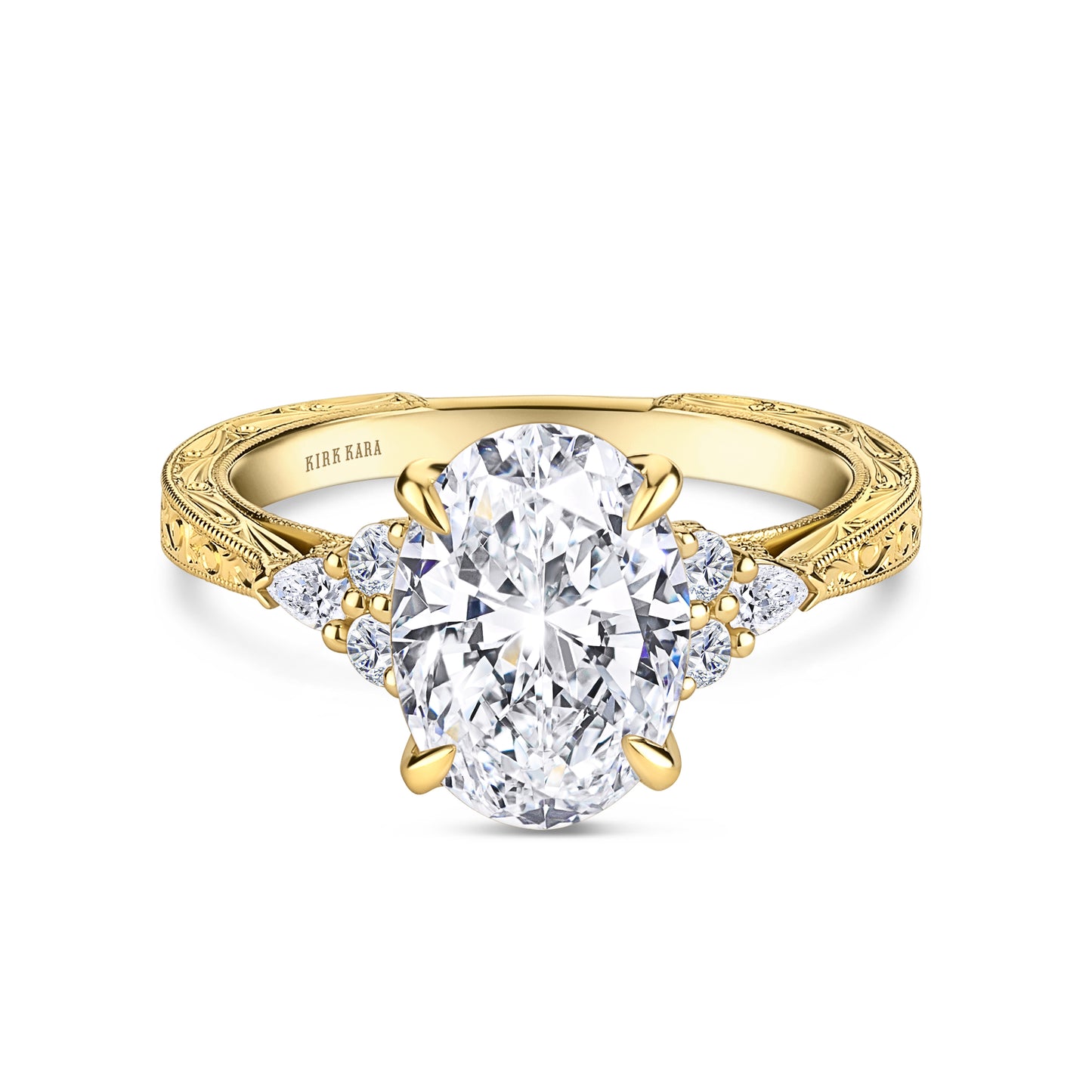 Pear Round Side Stone Engraved Diamond Engagement Ring