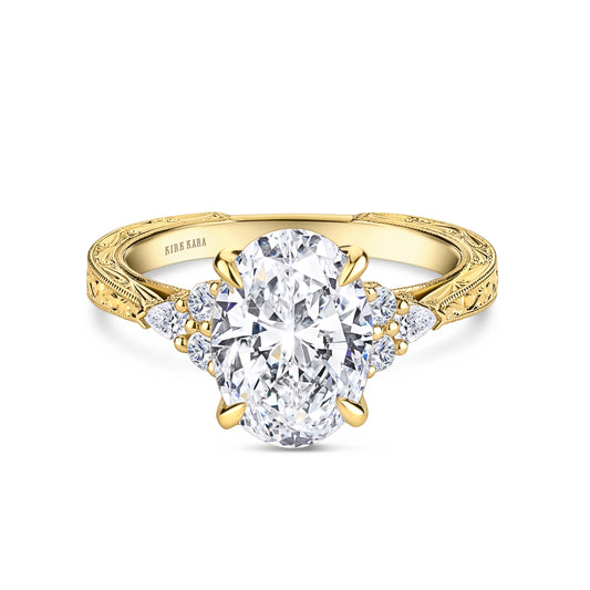 Pear Round Side Stone Engraved Diamond Engagement Ring