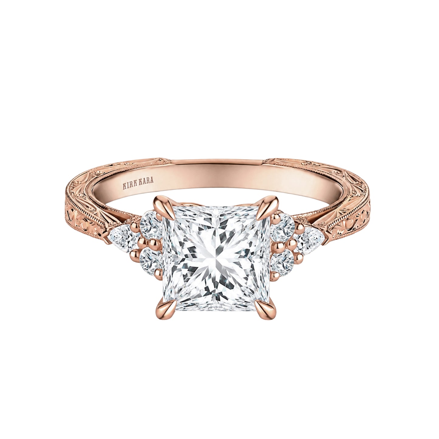 Pear Round Side Stone Engraved Diamond Engagement Ring