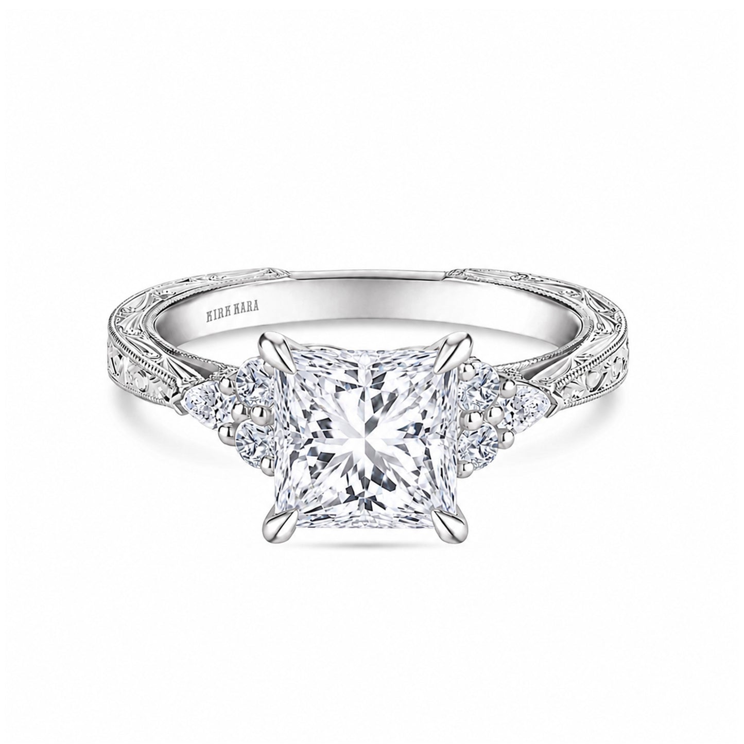 Pear Round Side Stone Engraved Diamond Engagement Ring