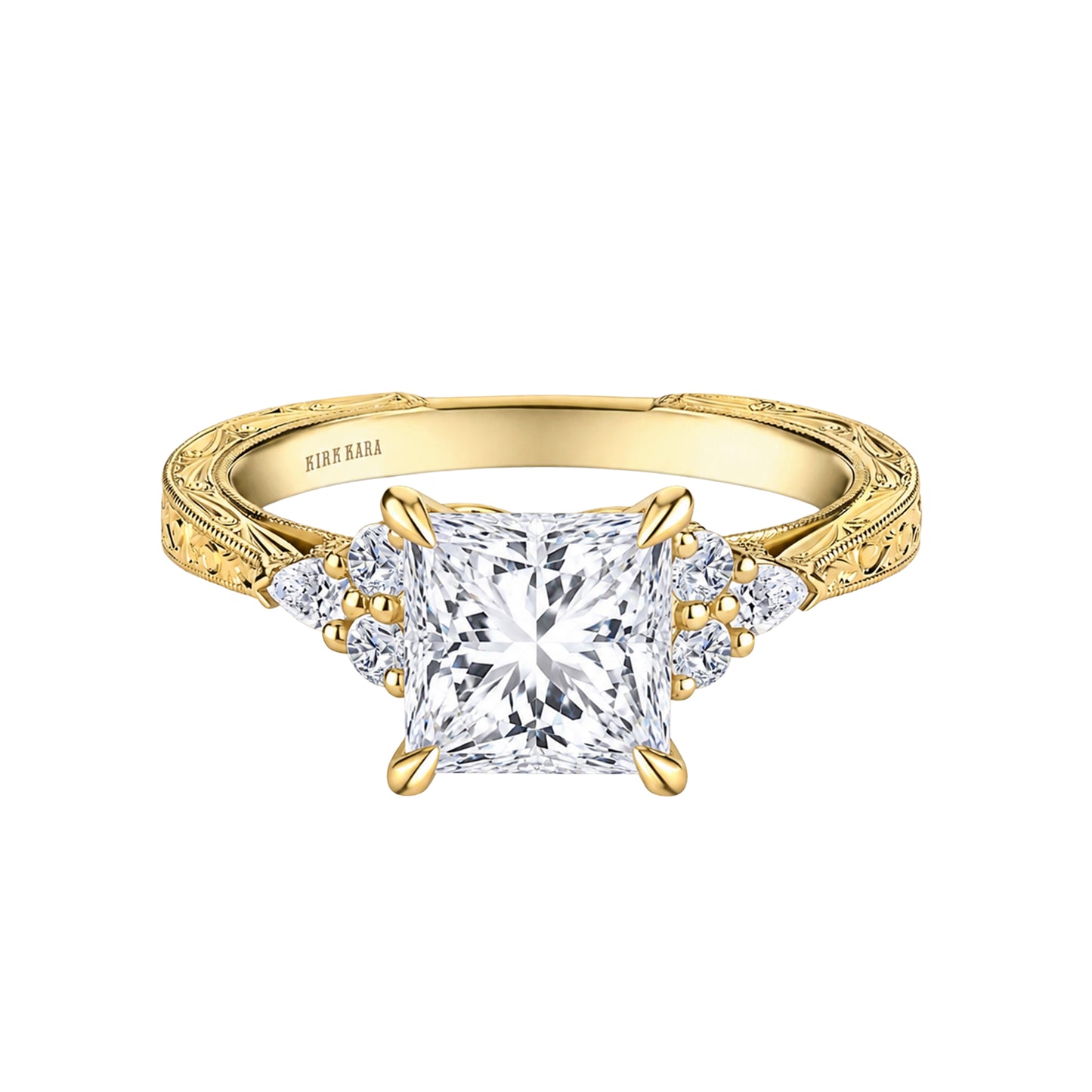 Pear Round Side Stone Engraved Diamond Engagement Ring