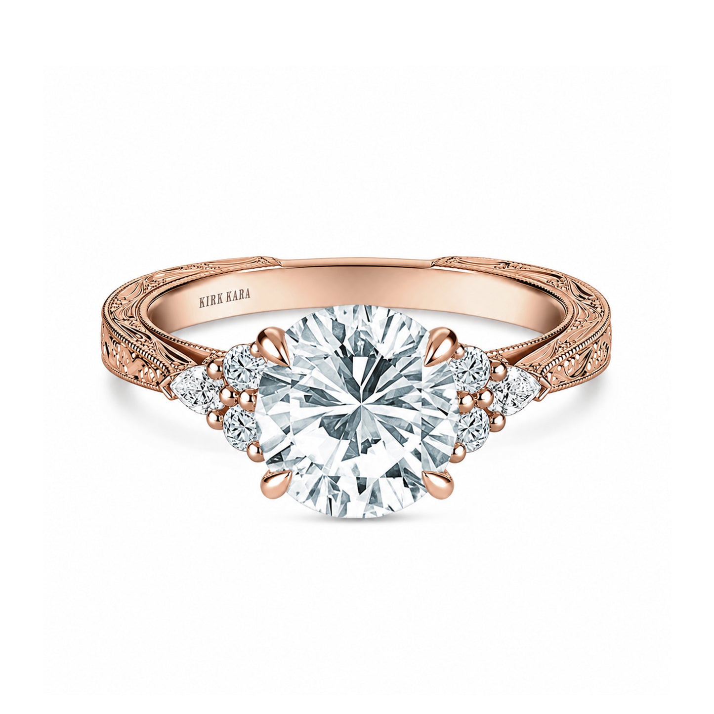 Pear Round Side Stone Engraved Diamond Engagement Ring