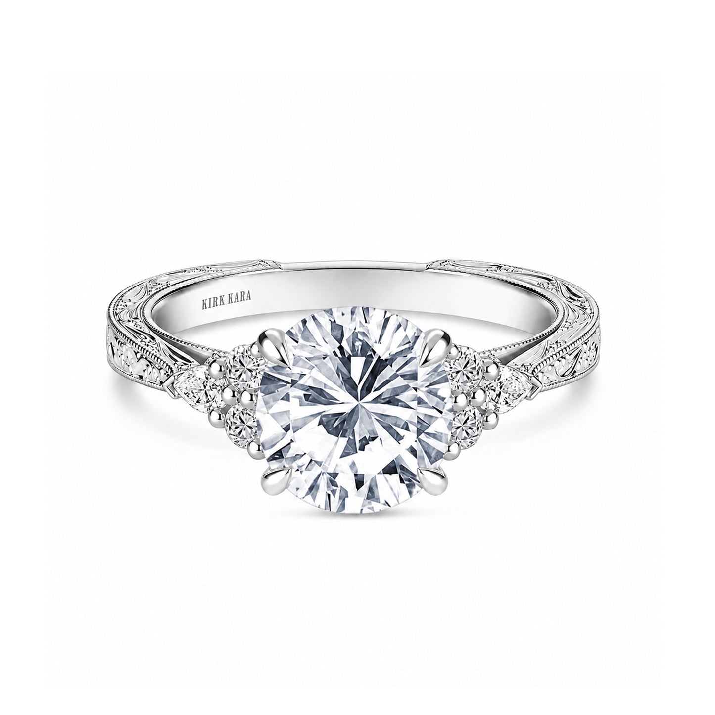 Pear Round Side Stone Engraved Diamond Engagement Ring