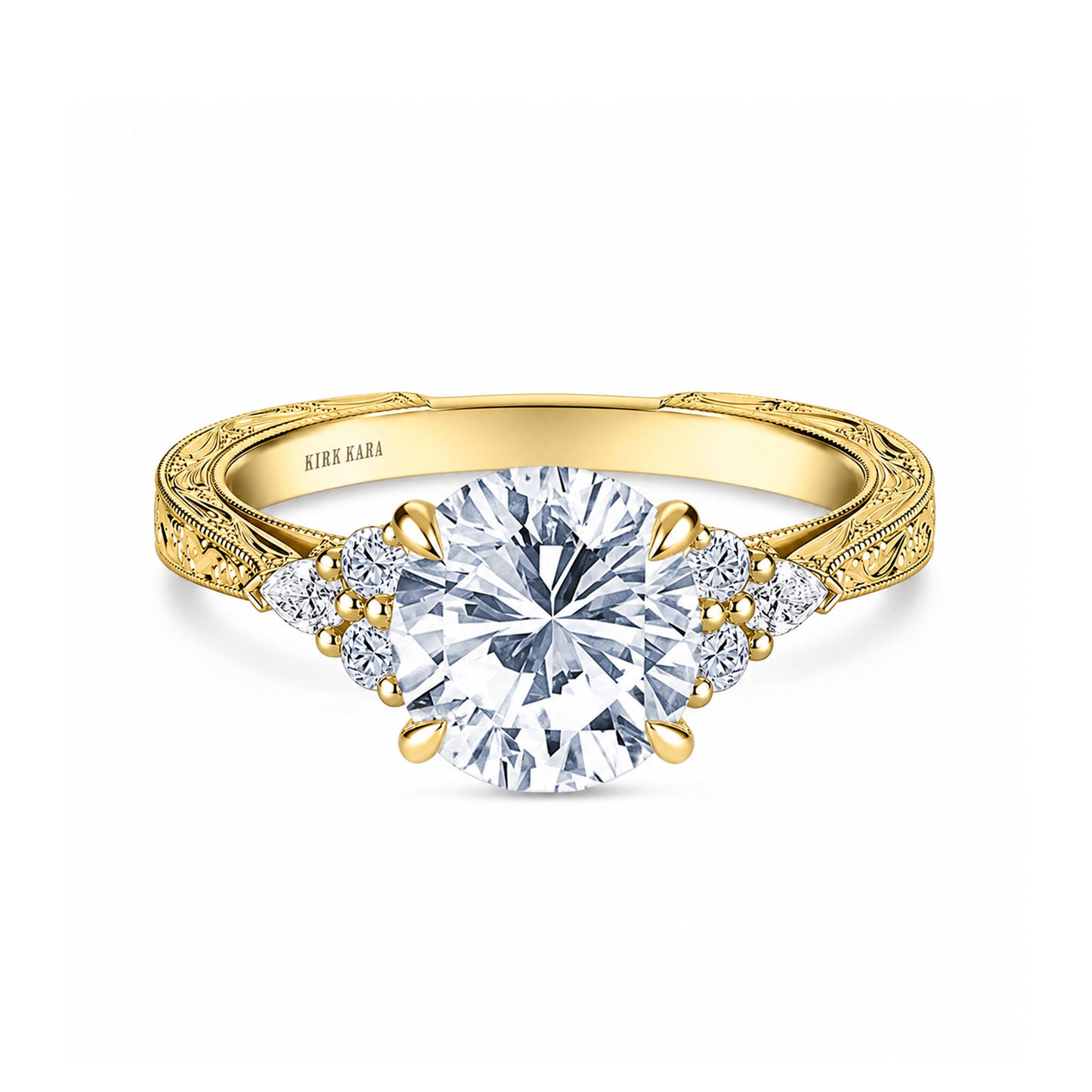 Pear Round Side Stone Engraved Diamond Engagement Ring