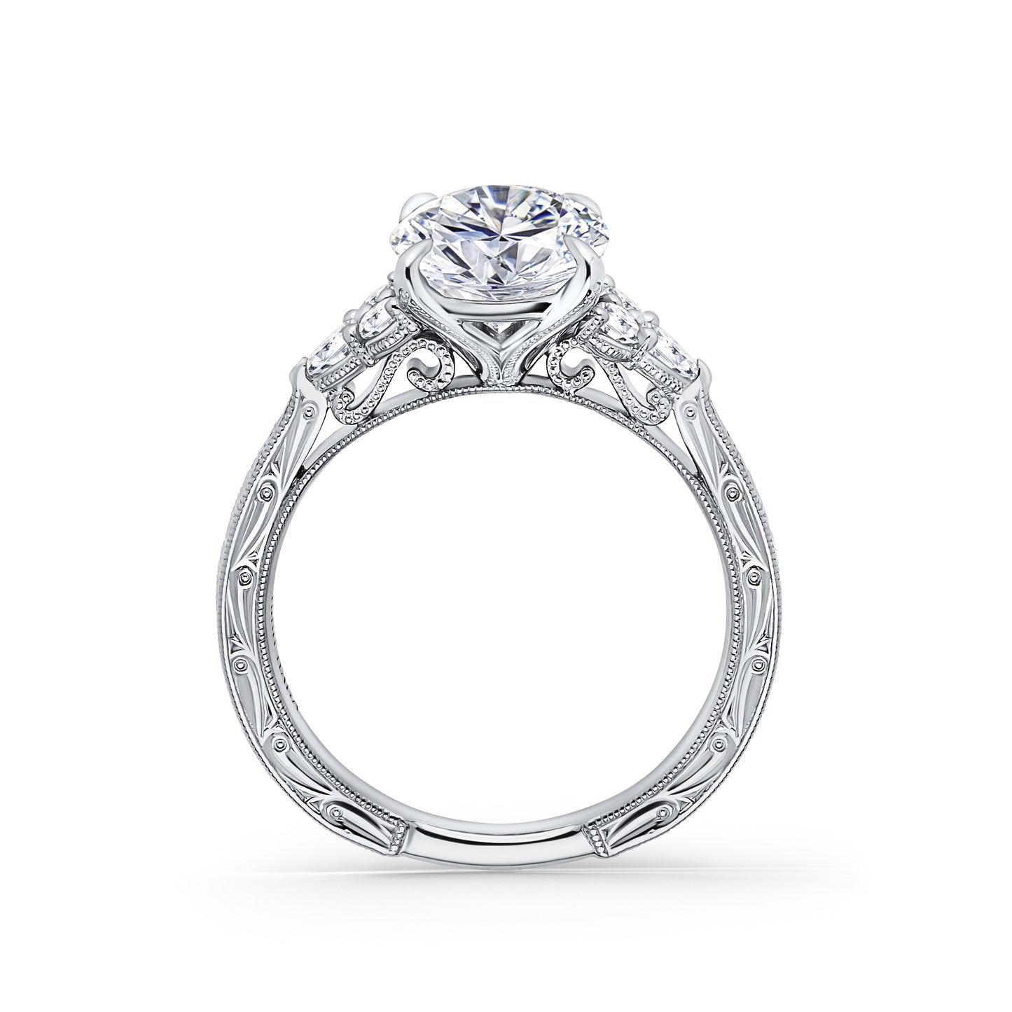 Pear Round Side Stone Engraved Diamond Engagement Ring