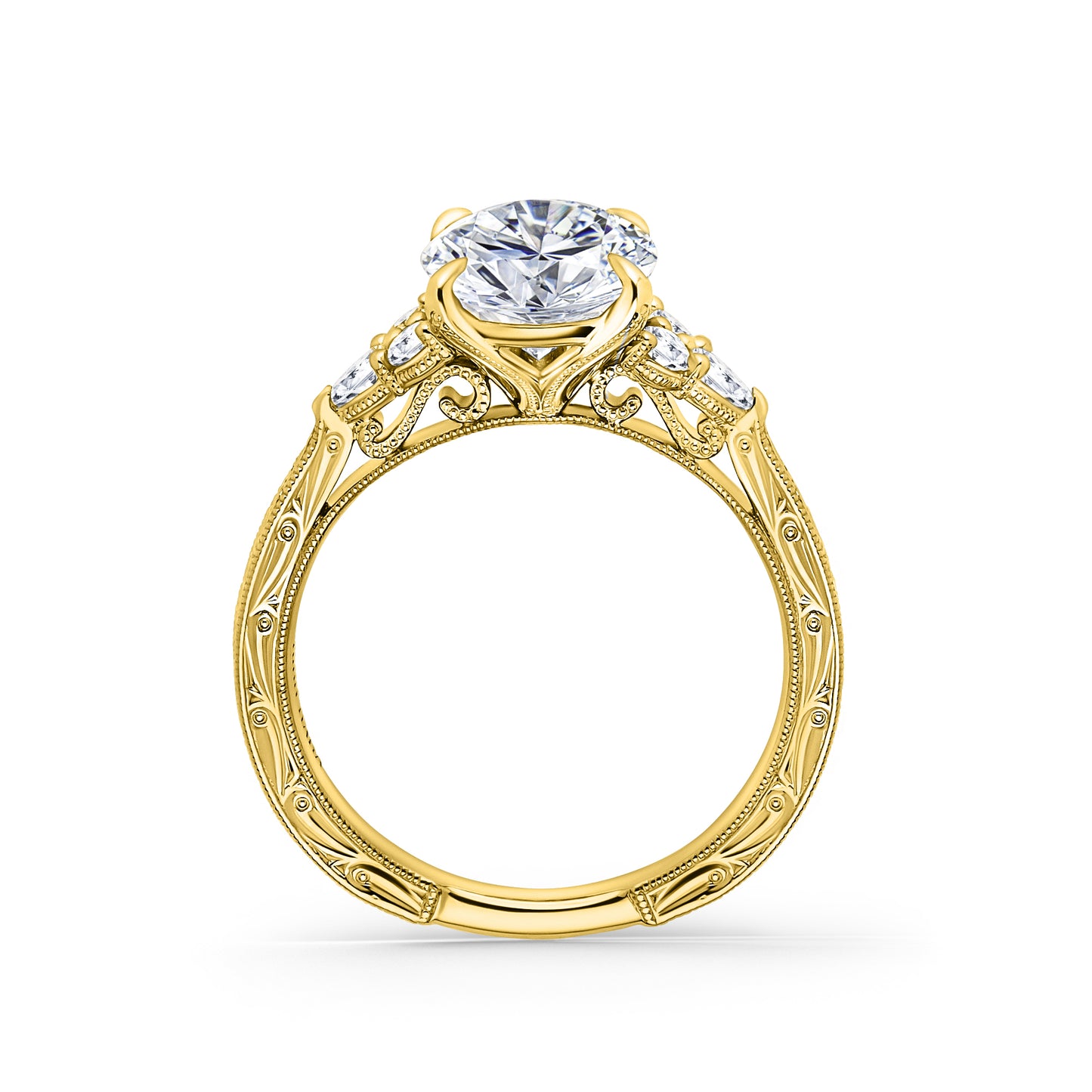 Pear Round Side Stone Engraved Diamond Engagement Ring