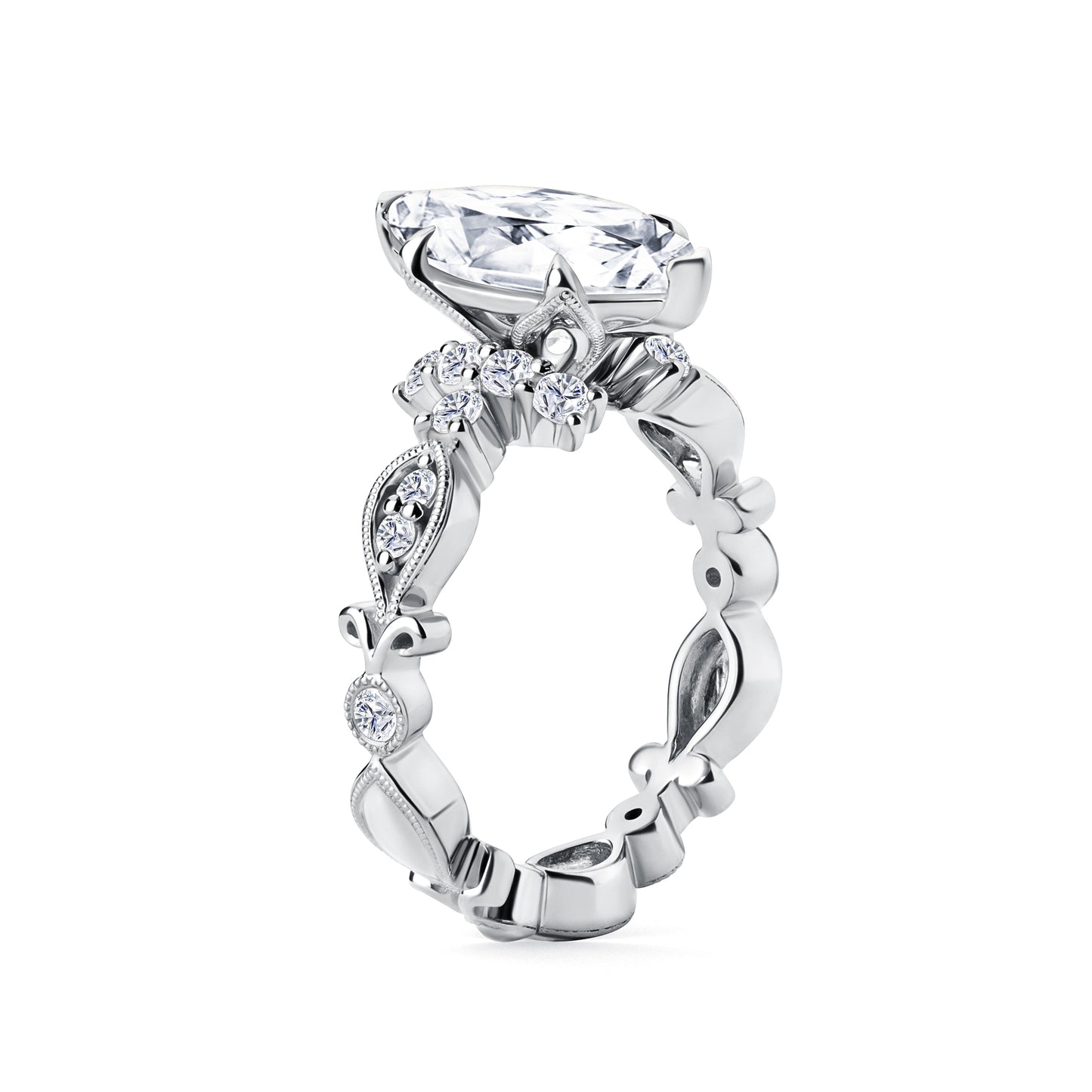 Cathedral Floral Clover Diamond Engagement Ring