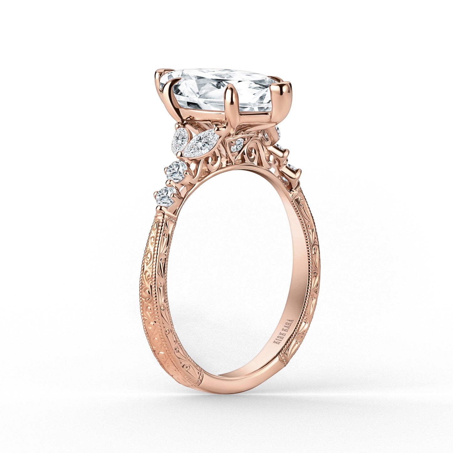 Marquise Diamond Cathedral Engraved Engagement Ring