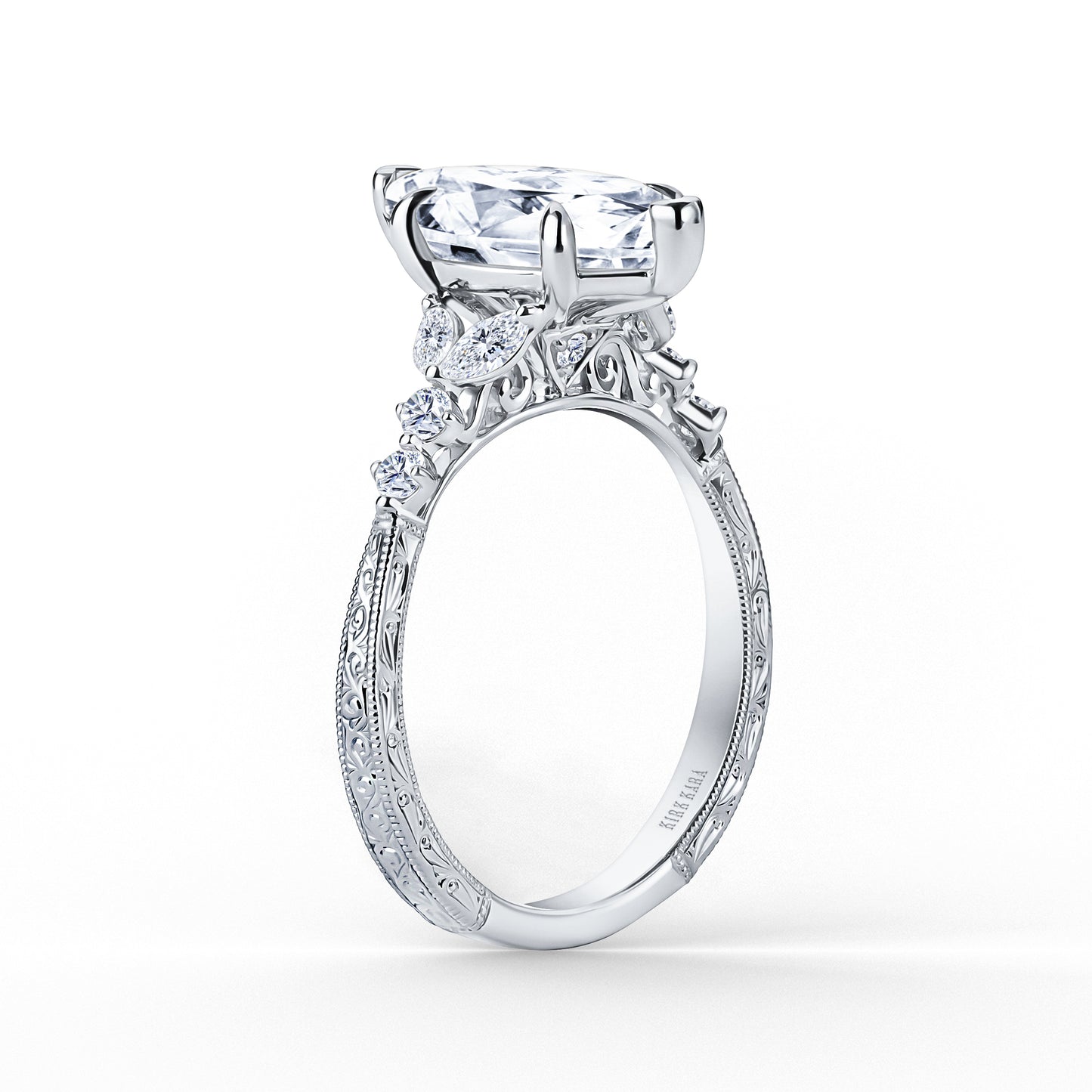 Marquise Diamond Cathedral Engraved Engagement Ring
