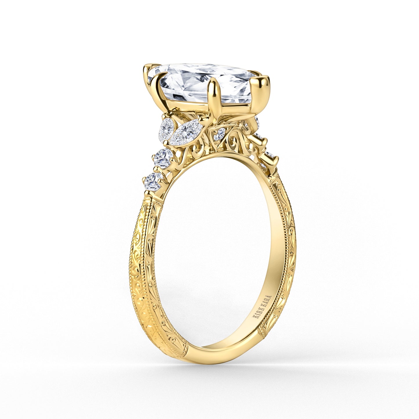 Marquise Diamond Cathedral Engraved Engagement Ring