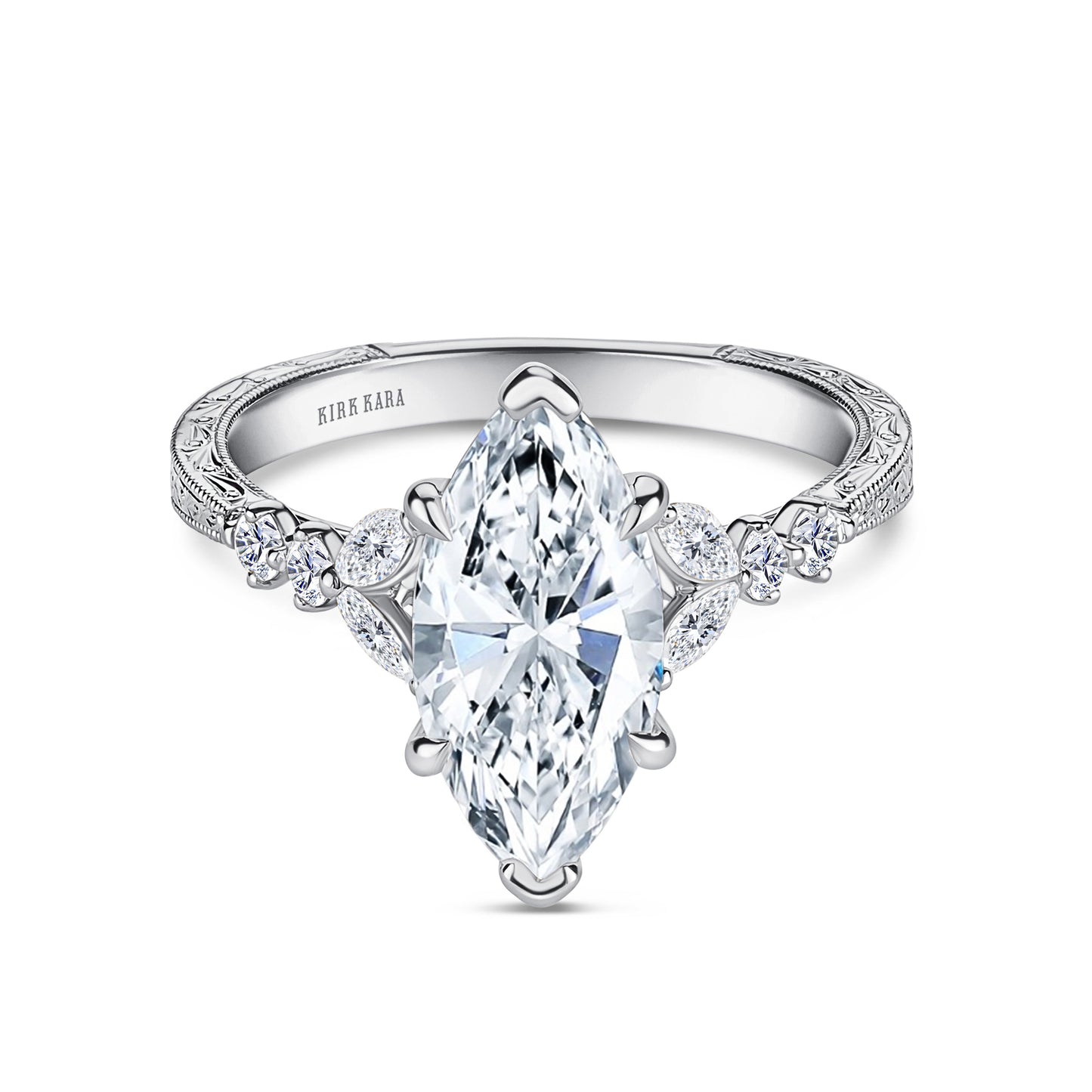 Marquise Diamond Cathedral Engraved Engagement Ring