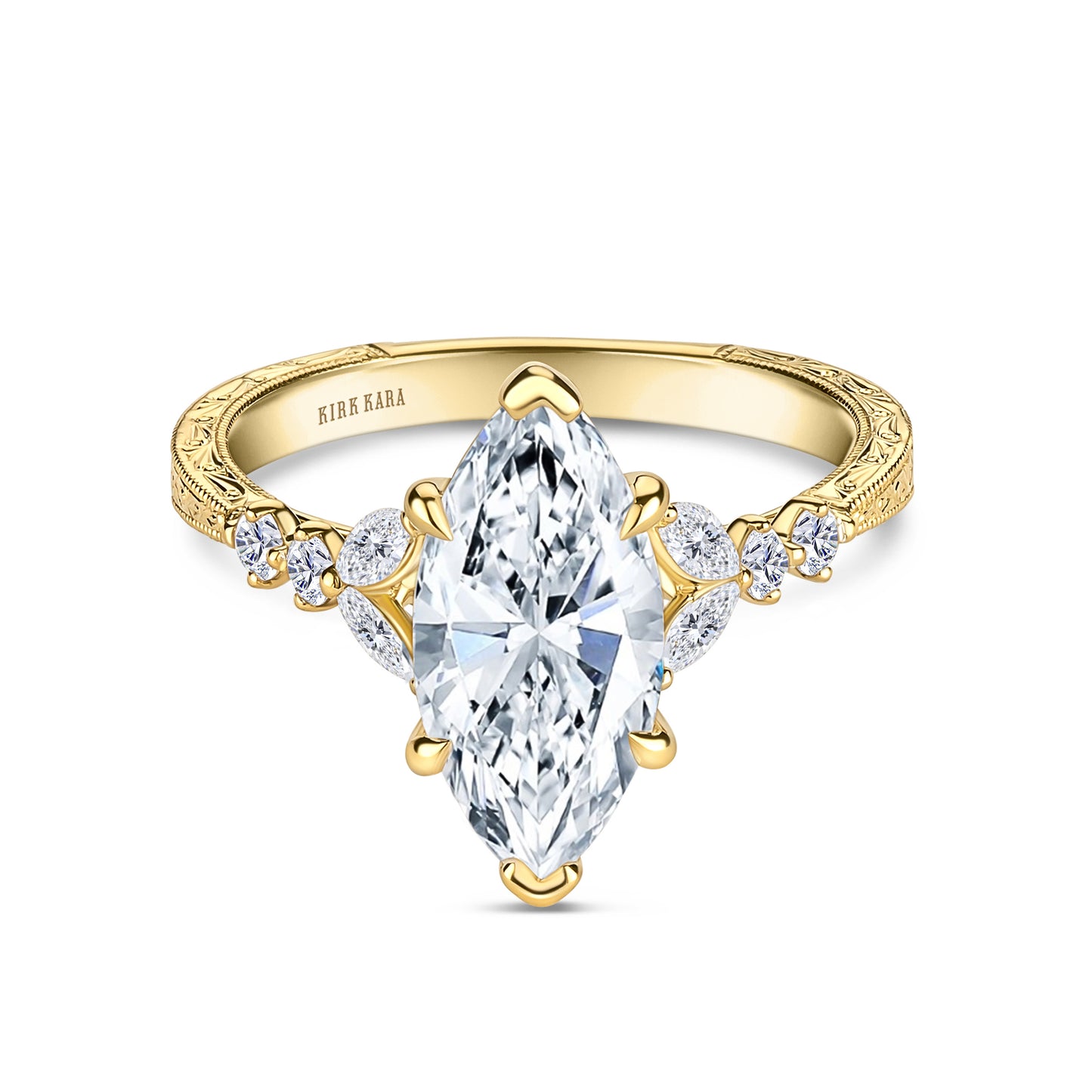 Marquise Diamond Cathedral Engraved Engagement Ring