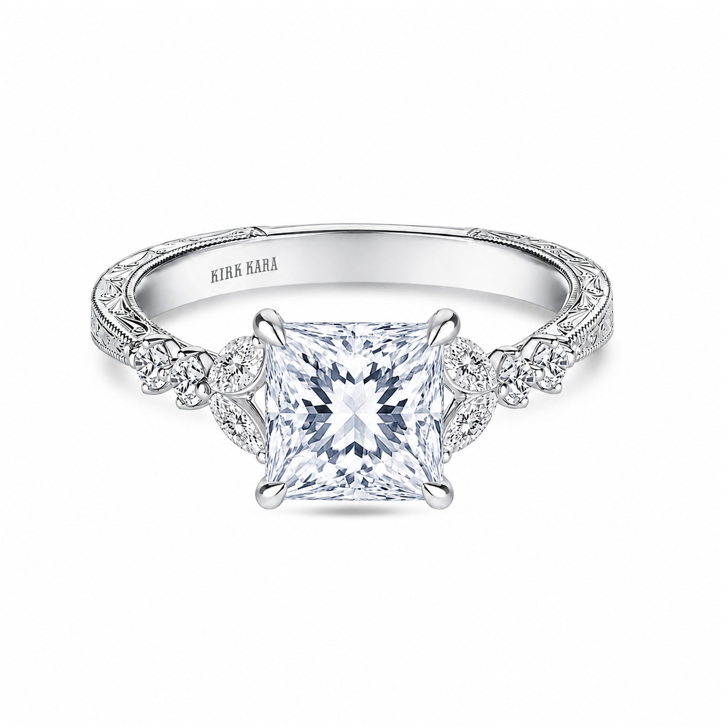 Marquise Diamond Cathedral Engraved Engagement Ring