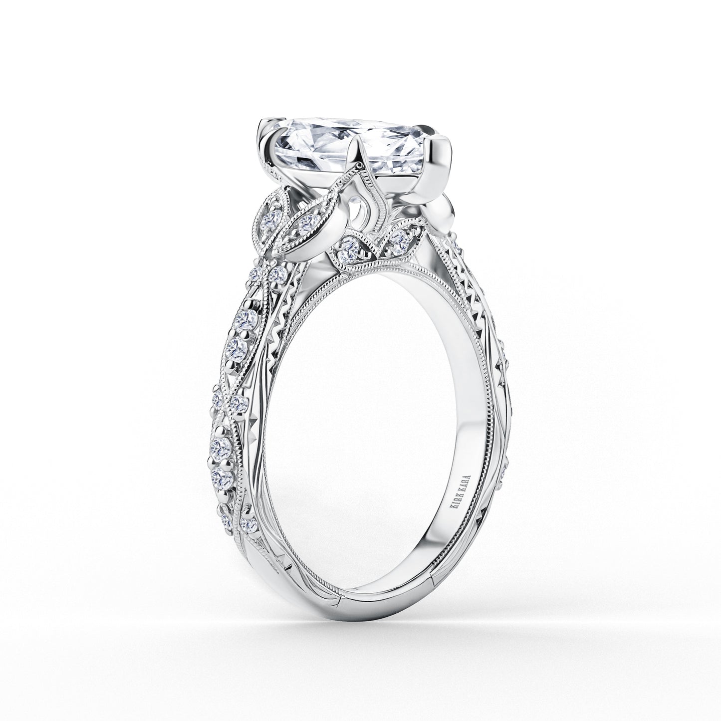 Botanical Engraved Marquise Diamond Engagement Ring