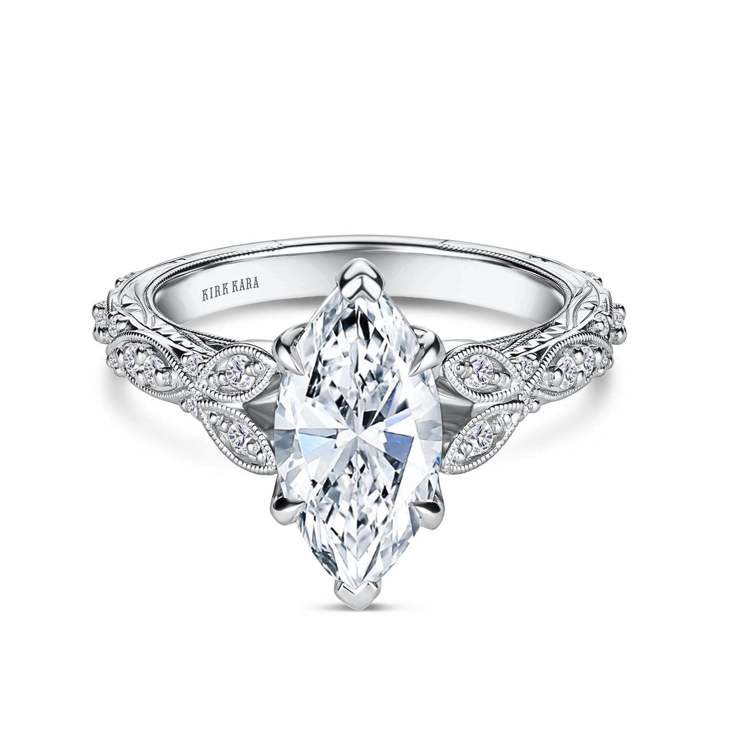 Botanical Engraved Marquise Diamond Engagement Ring