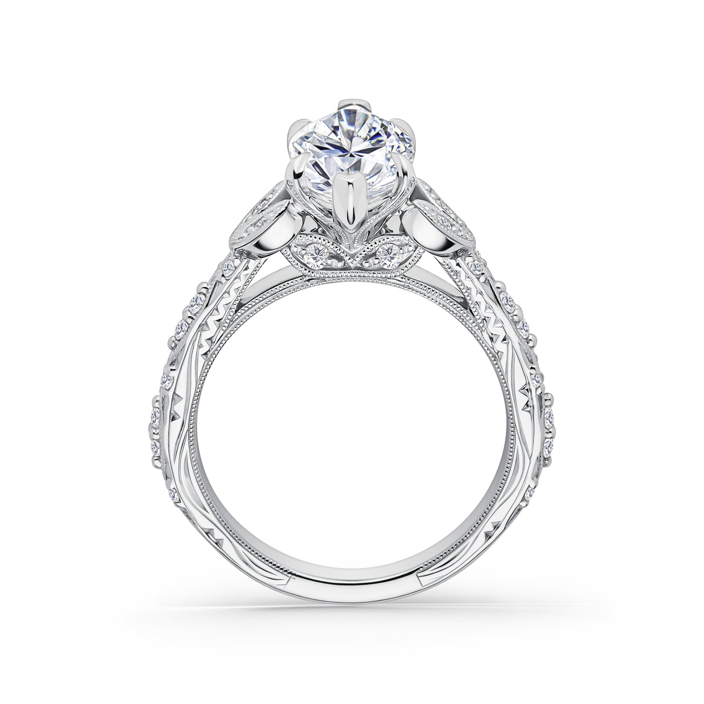Botanical Engraved Marquise Diamond Engagement Ring
