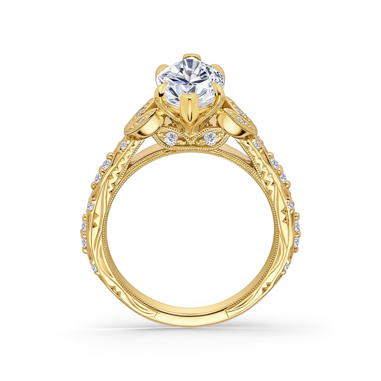 Botanical Engraved Marquise Diamond Engagement Ring