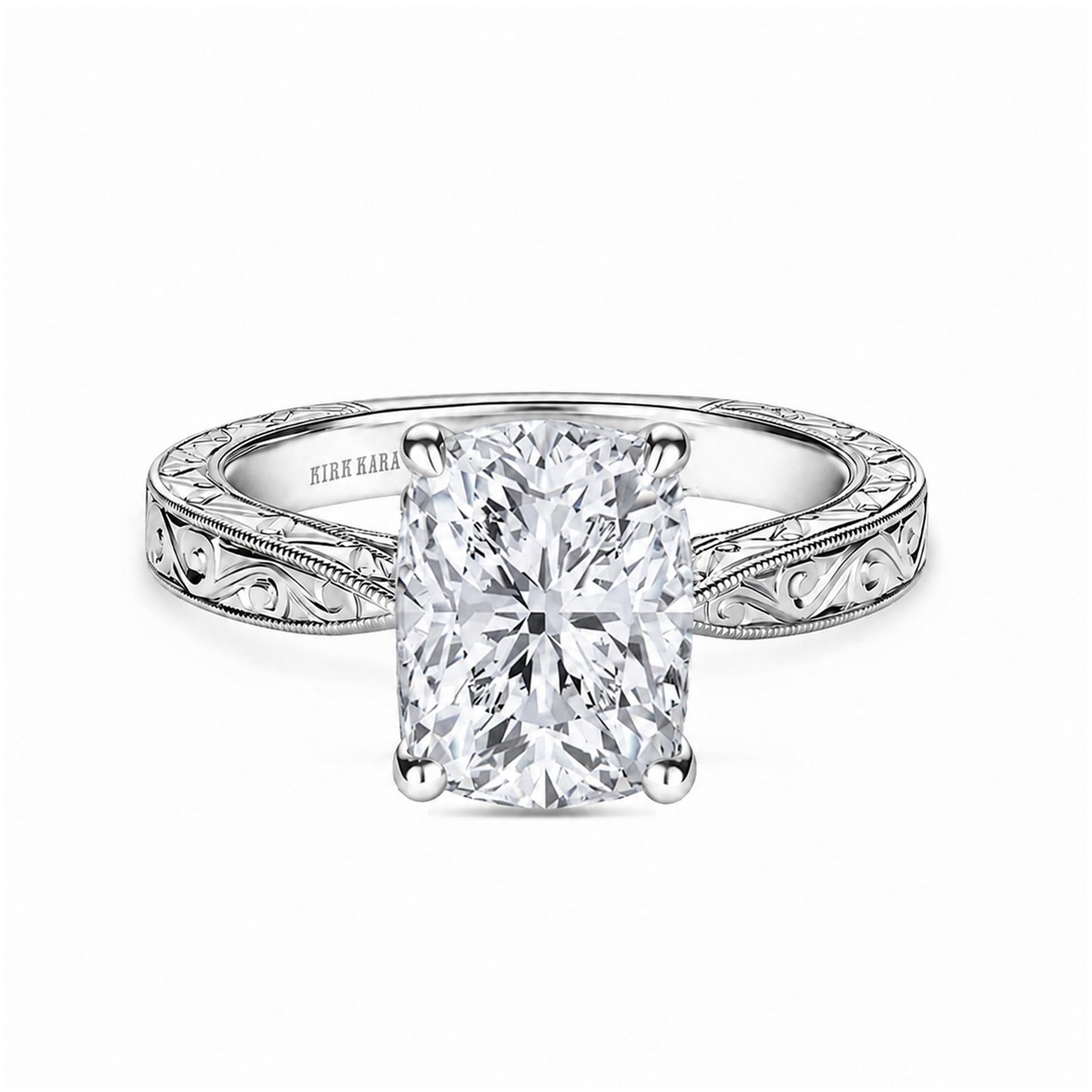 Hand Engraved Vintage Baguette Cathedral Engagement Ring