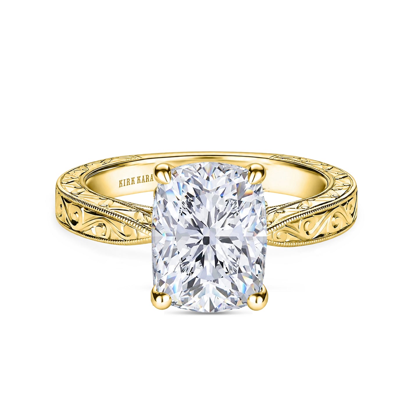 Hand Engraved Vintage Baguette Cathedral Engagement Ring