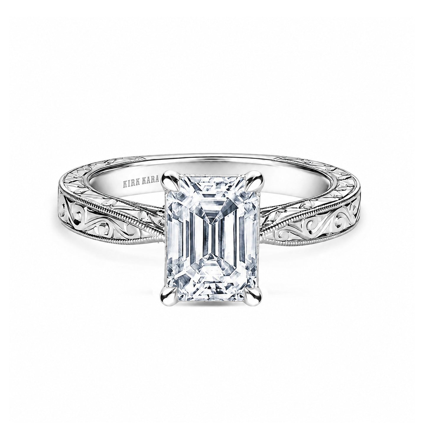 Hand Engraved Vintage Baguette Cathedral Engagement Ring
