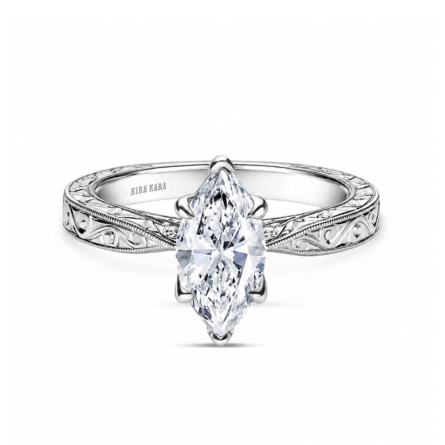 Hand Engraved Vintage Baguette Cathedral Engagement Ring
