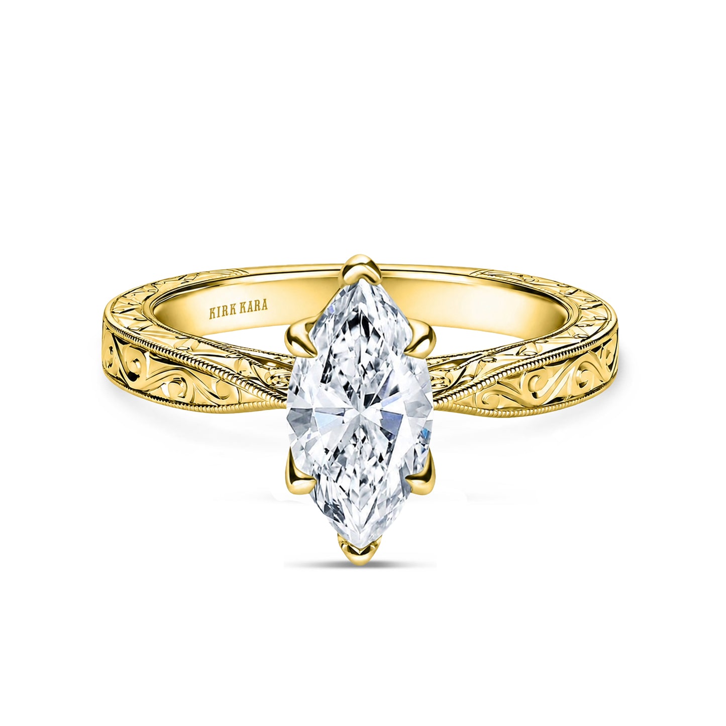 Hand Engraved Vintage Baguette Cathedral Engagement Ring